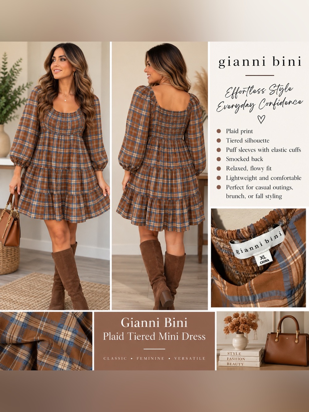 Gianni Bini Plaid Tiered Mini Dress XL Brown Blue Puff Sleeve Smocked